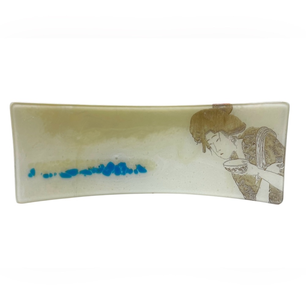 17” Curved Glass Geisha Plate Asian Functional Art Gallery Accent Zen Decor